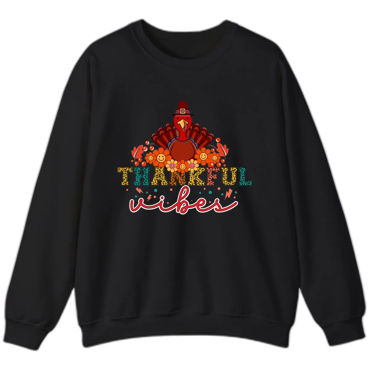 Turkey Vibes Thanksgiving Design Sweatshirt in Black